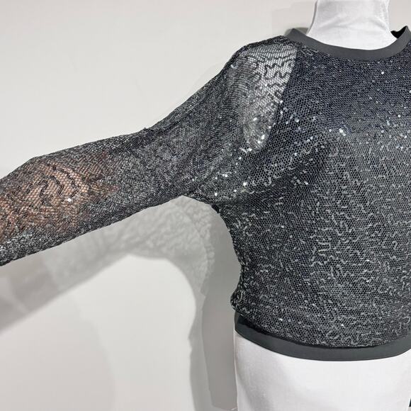 DKNY NWT Sequin Mesh Overlay Crewneck Top Gunmetal Grey Small Dolman Sleeves - Picture 3 of 16